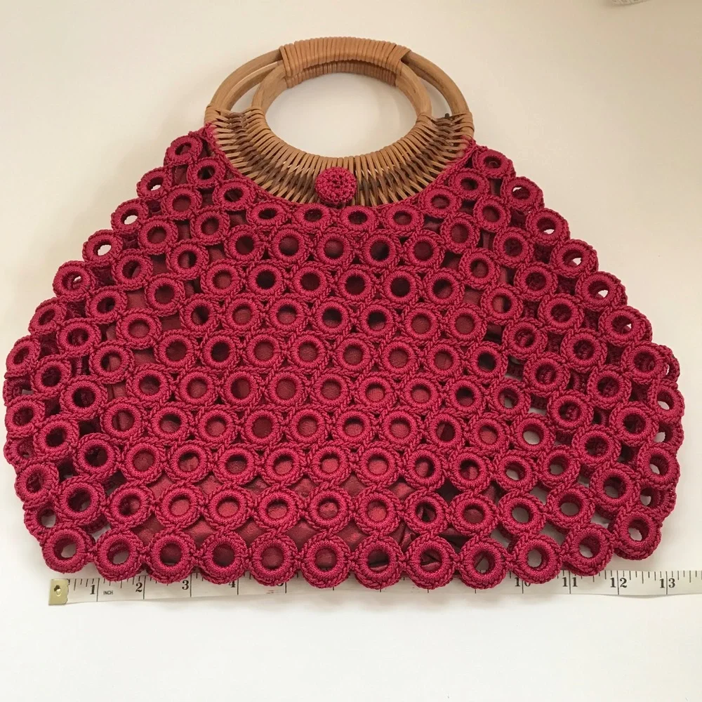 ENRICO VERSARI Italian Handcrafted Crochet & Rattan Satchel Red Bag EUC